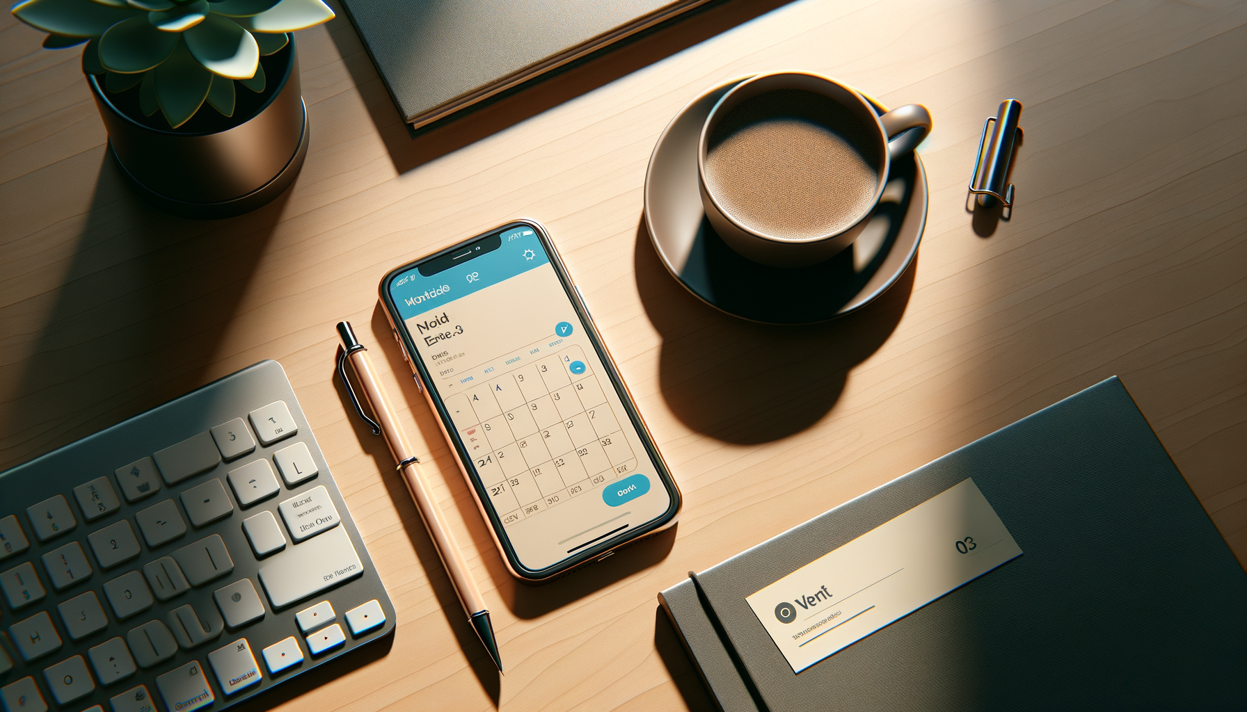 Phone on desk next to an event flyer, showing calendar interface